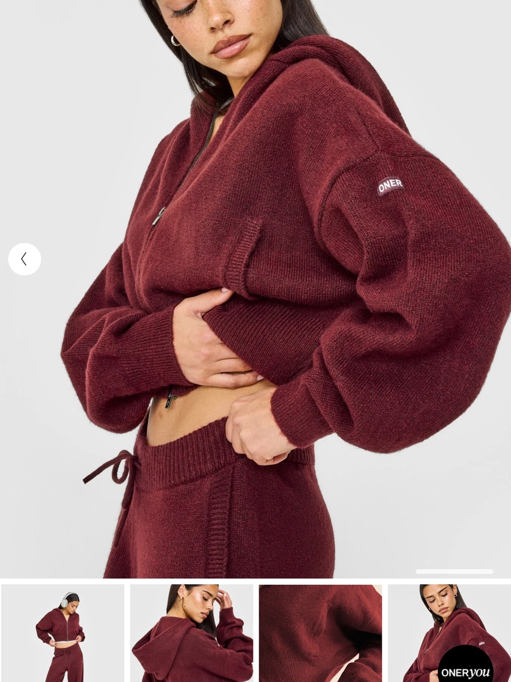 Oner Active Cropped Hooded Zip Sweater Jacket in Deep Burgundy - Picture 2 of 7